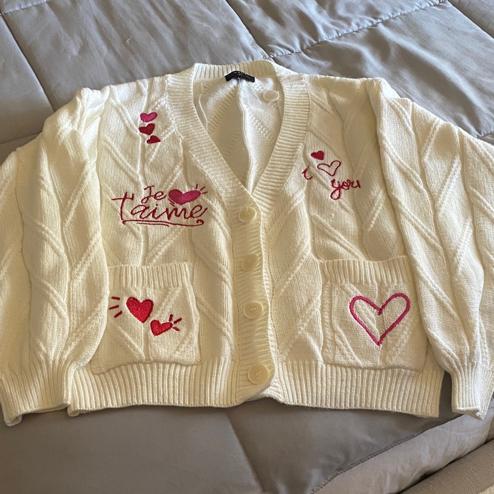 Vici Cream Cardigan with Pink Heart Embroidery